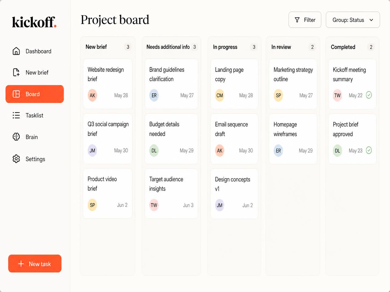 Kickoff kanban board with five columns
